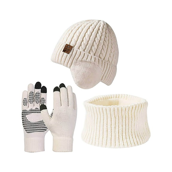 SERTG Women's Hat,Scarf,Gloves Three Piece Set Fal Winter Wool Warm Ear Protection with Lint Ball Knitted Hat Set(White,M)
