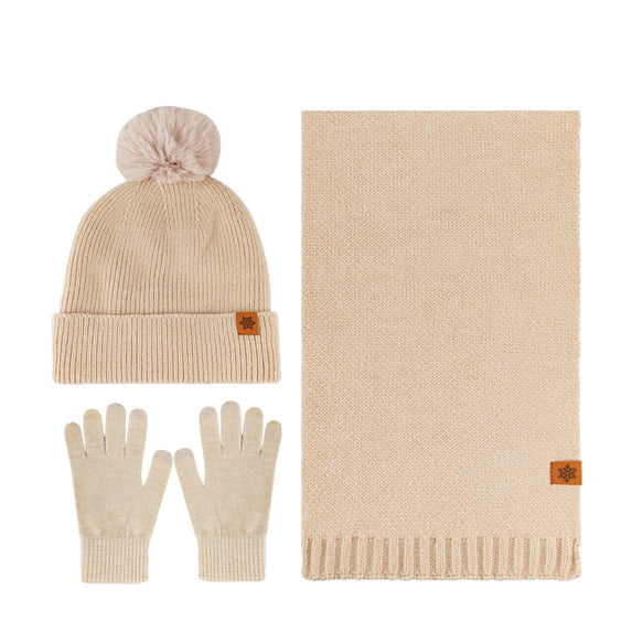 SERTG Women's Hat Set Winter Double-Layer Velvet Thickened Warm Woolen Hat Scarf Glove Three Piece Set(Beige,Free Size)