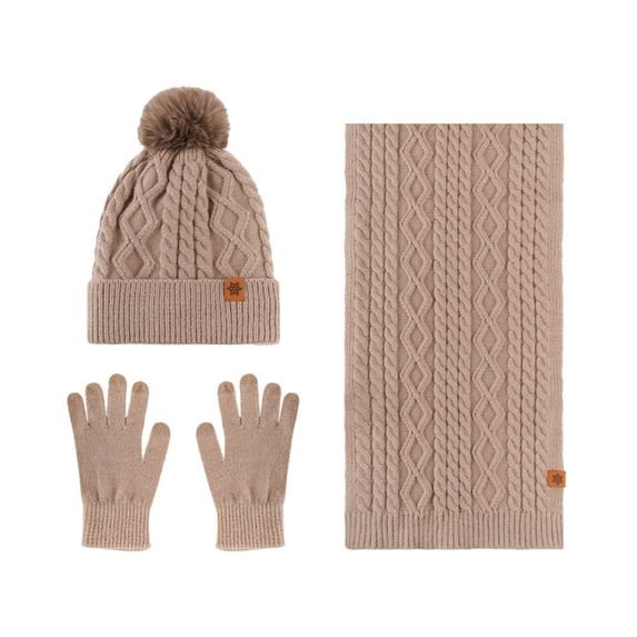 SERTG Women's Hat Set Winter Double-Layer Velvet Thickened Warm Woolen Hat Scarf Glove Three Piece Set(Khaki,Free Size)