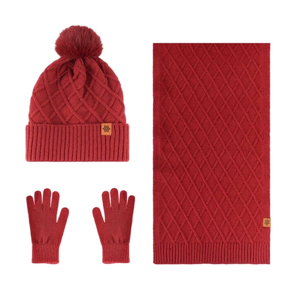SERTG Women's Hat Set Winter Double-Layer Velvet Thickened Warm Woolen Hat Scarf Glove Three Piece Set(Red,Free Size)