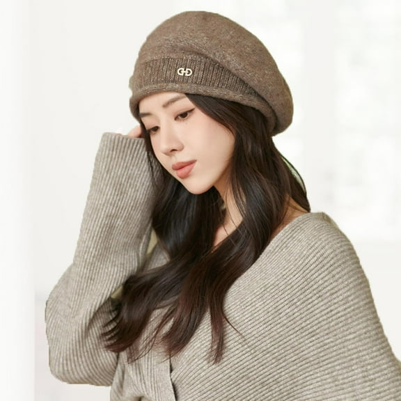SERTG Women's Knitted Beret Fall Winter Cap Soft Fashion Thickened Warm Comfortable Hat(Coffee,Free Size)