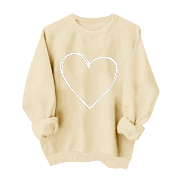SERTG Women's Round Neck Funny Valentine Print Long Sleeve Pullover Blouses Casual Sweatshirt Everyday Hoodless Top(Beige,L)