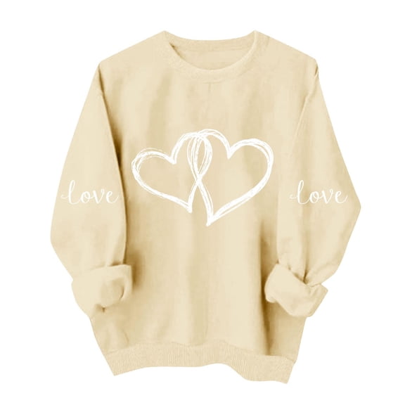 SERTG Women's Round Neck Funny Valentine Print Long Sleeve Pullover Blouses Casual Sweatshirt Everyday Hoodless Top(Beige,L)