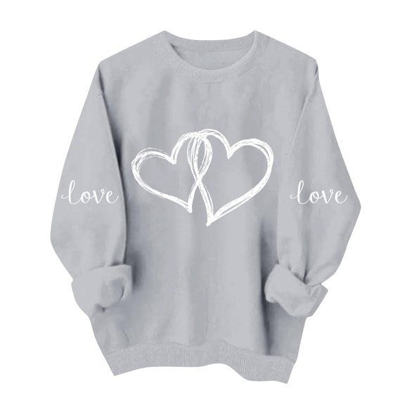 SERTG Women's Round Neck Funny Valentine Print Long Sleeve Pullover Blouses Casual Sweatshirt Everyday Hoodless Top(Gray,XS)