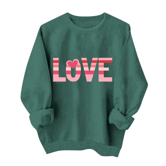 SERTG Women's Round Neck Funny Valentine Print Long Sleeve Pullover Blouses Casual Sweatshirt Everyday Hoodless Top(Green,XL)