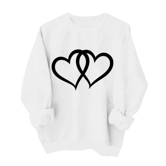 SERTG Women's Round Neck Funny Valentine Print Long Sleeve Pullover Blouses Casual Sweatshirt Everyday Hoodless Top(White#1,S)