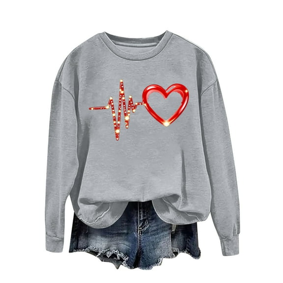 SERTG Women's Round Neck Heart Print Pullover Sweatshirt Long Sleeve Casual Comfortable Tops Everyday Hoodless Pullover Blouses(Gray,S)