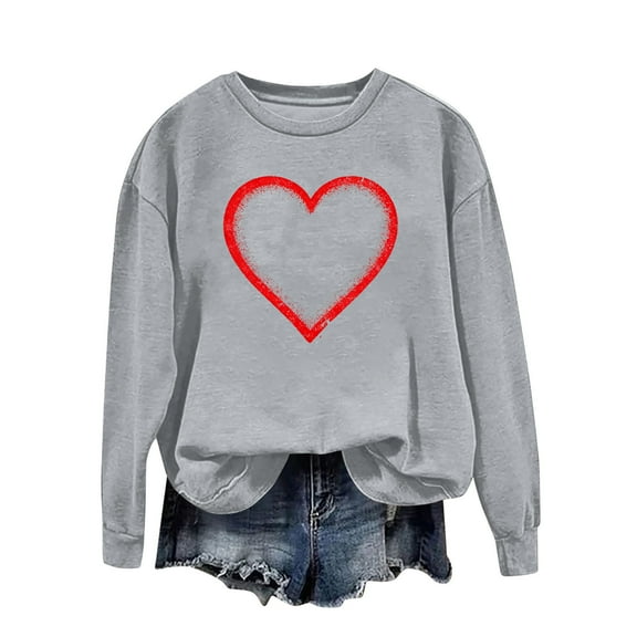 SERTG Women's Round Neck Heart Print Pullover Sweatshirt Long Sleeve Casual Comfortable Tops Everyday Hoodless Pullover Blouses(Gray,XL)