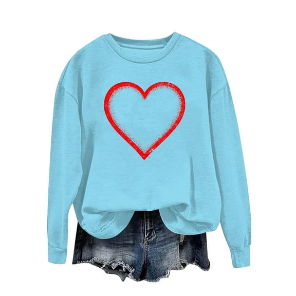 SERTG Women's Round Neck Heart Print Pullover Sweatshirt Long Sleeve Casual Comfortable Tops Everyday Hoodless Pullover Blouses(Sky Blue,S)