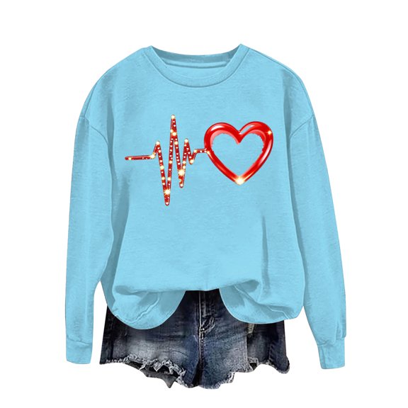 SERTG Women's Round Neck Heart Print Pullover Sweatshirt Long Sleeve Casual Comfortable Tops Everyday Hoodless Pullover Blouses(Sky Blue,S)