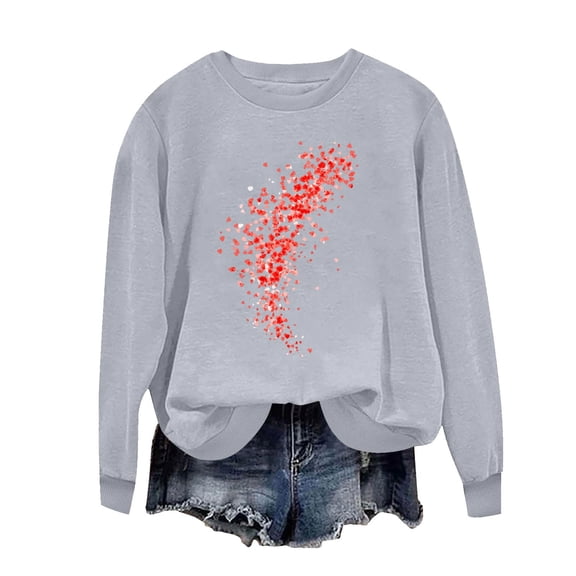 SERTG Women's Valentine Heart Print Round Neck Sweatshirt Hoodless Casual Loose Fit Cozy Women Long Sleeve Spring Fall Pullover Top(Gray,L)