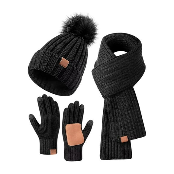 SERTG Women's Winter Knitted Warm Gloves,Hat,Scarf 3 PC Set Thick Hat Fashion Comfortable Soft Outdoor Hat Set(Black,Free Size)