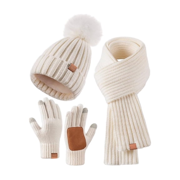 SERTG Women's Winter Knitted Warm Gloves,Hat,Scarf 3 PC Set Thick Hat Fashion Comfortable Soft Outdoor Hat Set(White,Free Size)
