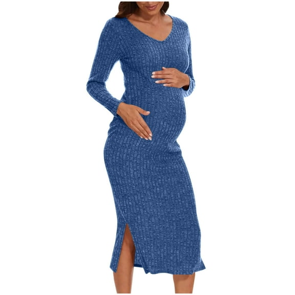 SERTG Womens Maternity V-Neck Dress Long Sleeve Soft Elegant Slim Dress Spring Summer Casual Comfortable Homewear Outfit Skirts(Blue,2XL)