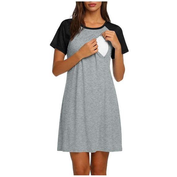 SERTG Womens Raglan Sleeve Nursing Nightgown Crew Neck Color Block Lightweight Breathable Soft Stretch Knee-Length Maternity Delivery Postpartum Homewear Dress