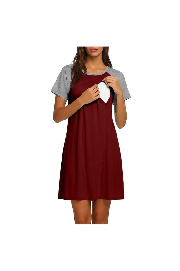 Womens Raglan Sleeve Nursing Nightgown Crew Neck Color Block Lightweight Breathable Soft Stretch Knee-Length Maternity Delivery Postpartum Homewear Dress