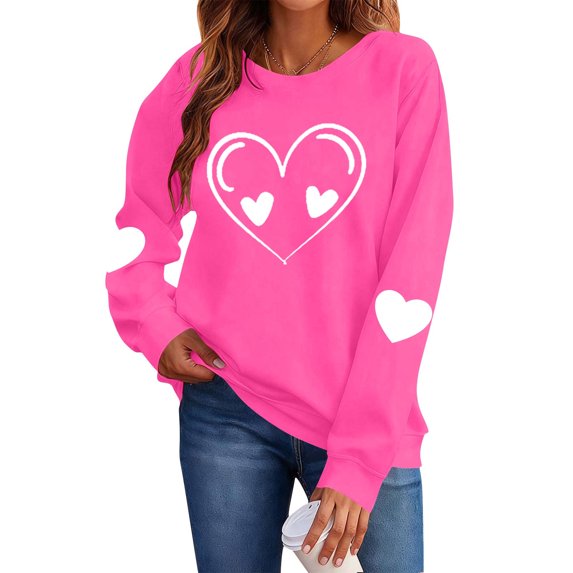 SERTG Womens Round Neck Valentine Heart Print Hoodless Sweatshirt Fashion Casual Long Sleeve Spring Fall Pullover Blouses Tops(Hot Pink#1,L)