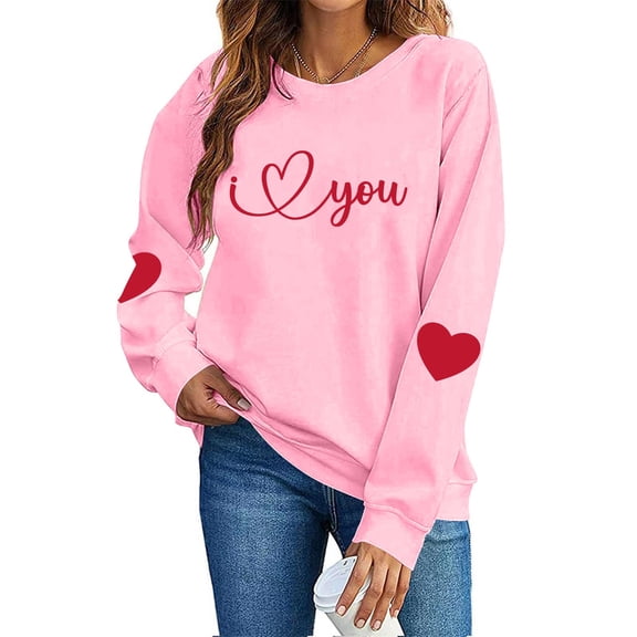 SERTG Womens Round Neck Valentine Heart Print Hoodless Sweatshirt Fashion Casual Long Sleeve Spring Fall Pullover Blouses Tops(Pink,XS)