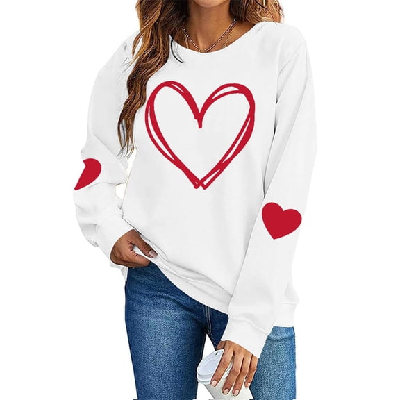 SERTG Womens Round Neck Valentine Heart Print Hoodless Sweatshirt Fashion Casual Long Sleeve Spring Fall Pullover Blouses Tops(White#1,XS)