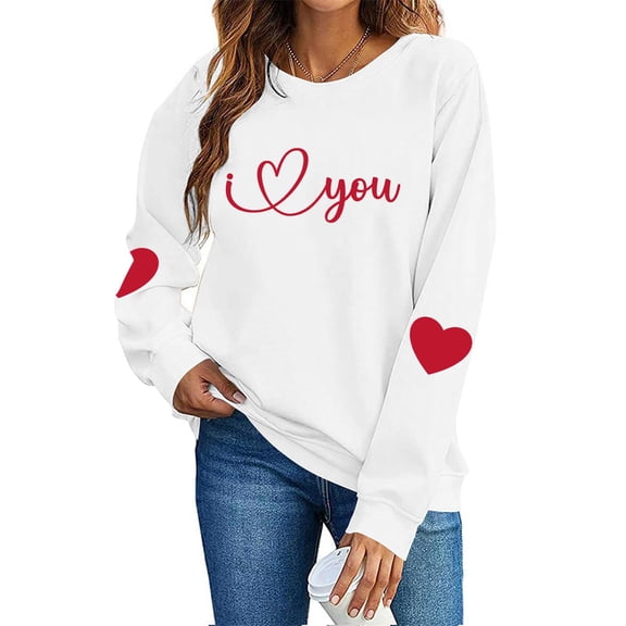 SERTG Womens Round Neck Valentine Heart Print Hoodless Sweatshirt Fashion Casual Long Sleeve Spring Fall Pullover Blouses Tops(White,XS)
