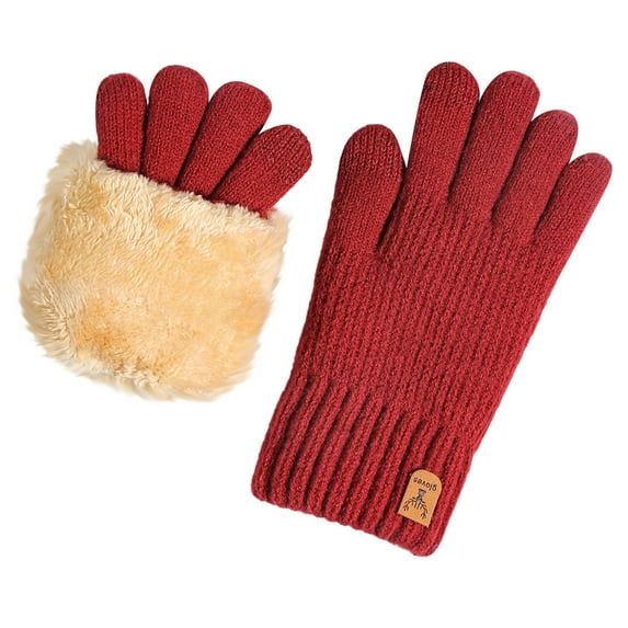 SERTG Womens Solid Color Winter Plush Gloves Fleece-Lined Thickened Windproof Touchscreen Outdoor Warm Classic Handwear Gloves(Red,Free Size)