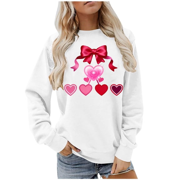 SERTG Womens Valentine Letter Print Round Neck Long Sleeve Pullover Hoodless Casual Sweatshirt Spring Fall Comfortable Fit Everyday Top(White#1,S)