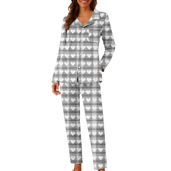 SERTG Womens Valentine Print Lapel Long Sleeve Pajama Set with Pockets Casual Spring Fall Homewear Two-Piece Outfit(Gray#1,S)