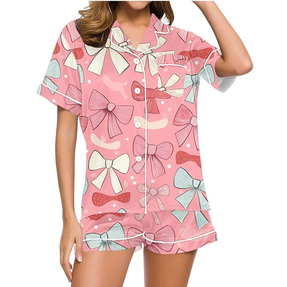 SERTG Womens Valentine Print Lapel Short Sleeve Pajama Set with Pockets Casual Spring Summer Homewear Two-Piece Outfit(Red#1,L)