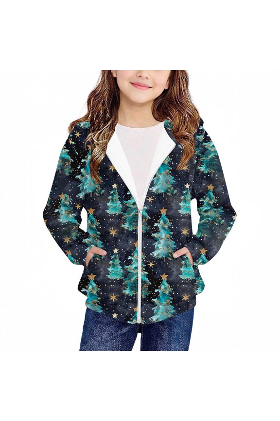 Big Kids Christmas Print Zip Hoodie Long Sleeve with Pockets Fleece Casual Outerwear Fall Winter Sports Jacket Christmas Tops Everyday for Children 4-12 Years(Multicolor#4,5 Years)