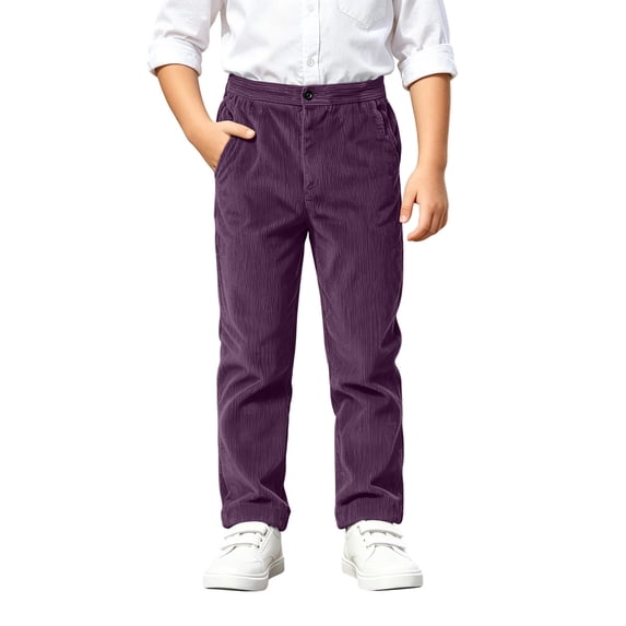 SERTGUTR Boys Corduroy Pants Elastic Waist Straight Leg Trousers Button Front Side Pocket Classic Bottoms School Everyday Comfortable Winter Pants