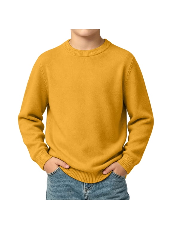 Boys Crewneck Sweater Ribbed Trim Long Sleeve Pullover Soft Knit Solid Color Classic Fit Everyday School Fall Winter Pullover