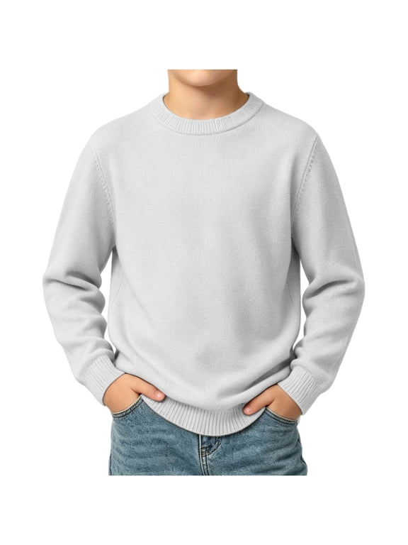 Boys Crewneck Sweater Ribbed Trim Long Sleeve Pullover Soft Knit Solid Color Classic Fit Everyday School Fall Winter Pullover