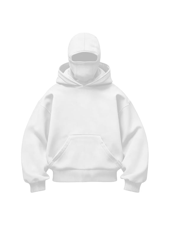 Boys Hoodie Integrated Face Cover Balaclava Kangaroo Pocket Oversized Fit Solid Color Casual Winter Everyday Pullover