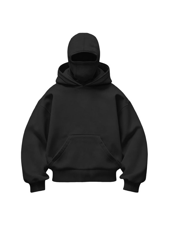 Boys Hoodie Integrated Face Cover Balaclava Kangaroo Pocket Oversized Fit Solid Color Casual Winter Everyday Pullover