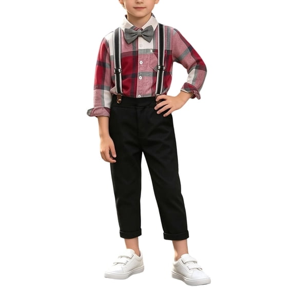SERTGUTR Boys' Outfit Set Plaid Button Down Shirt Bow Tie Adjustable Suspenders Trousers Rolled Cuffs Long Sleeve Formal Wedding Party School Everyday Wear
