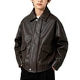 thumbnail image 1 of SERTGUTR Boys' PU Jacket Lapel Collar Relaxed Fit Snap Button Front Flap Pockets Elastic Hem Long Sleeve Outerwear, 1 of 8