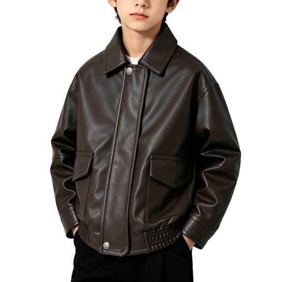 SERTGUTR Boys' PU Jacket Lapel Collar Relaxed Fit Snap Button Front Flap Pockets Elastic Hem Long Sleeve Outerwear