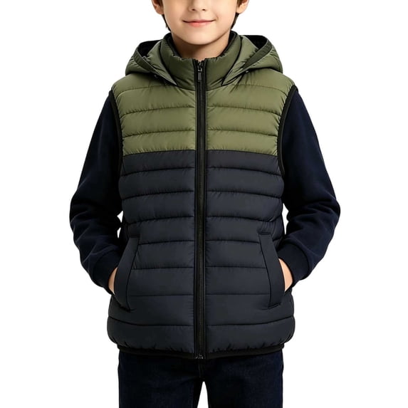 SERTGUTR Boys' Padded Vest, Hooded Zip Up Warm Quilted Coat, Color Block Sleeveless Puffer Outerwear with Pockets, Everyday Fall Winter Layer