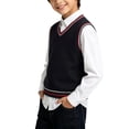 thumbnail image 1 of SERTGUTR Boys V Neck Sweater Vest, Striped Ribbed Trim Sleeveless Knit Pullover, School Uniform Classic Fit, Everyday Layering Top, 1 of 6