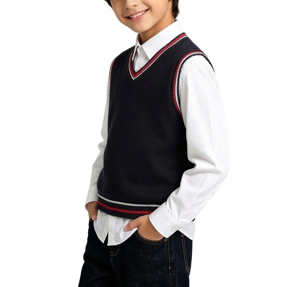 SERTGUTR Boys V Neck Sweater Vest, Striped Ribbed Trim Sleeveless Knit Pullover, School Uniform Classic Fit, Everyday Layering Top