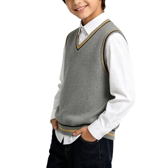 SERTGUTR Boys V Neck Sweater Vest, Striped Ribbed Trim Sleeveless Knit Pullover, School Uniform Classic Fit, Everyday Layering Top