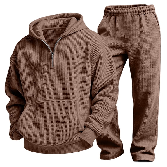 SERTGUTR Boys' Waffle Knit Hoodie Pullover Quarter Zip Kangaroo Pocket Elastic Waist Sweatpants 2 Piece Set Relaxed Fit Warm Winter School Outdoor Wear