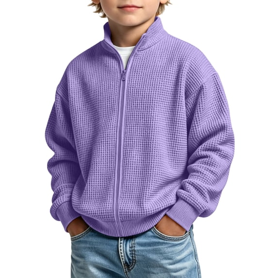 SERTGUTR Boys Waffle Knit Jacket Full Zipper Stand Collar Long Sleeve Ribbed Cuffs Solid Color Casual Top Everyday School Fall Winter Coat