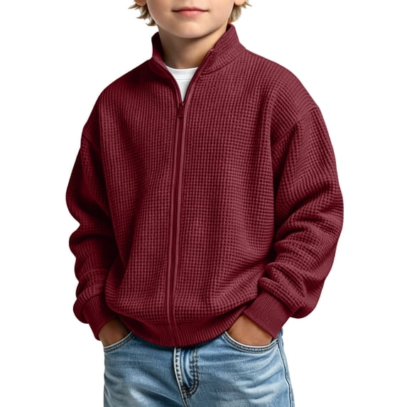 SERTGUTR Boys Waffle Knit Jacket Full Zipper Stand Collar Long Sleeve Ribbed Cuffs Solid Color Casual Top Everyday School Fall Winter Coat