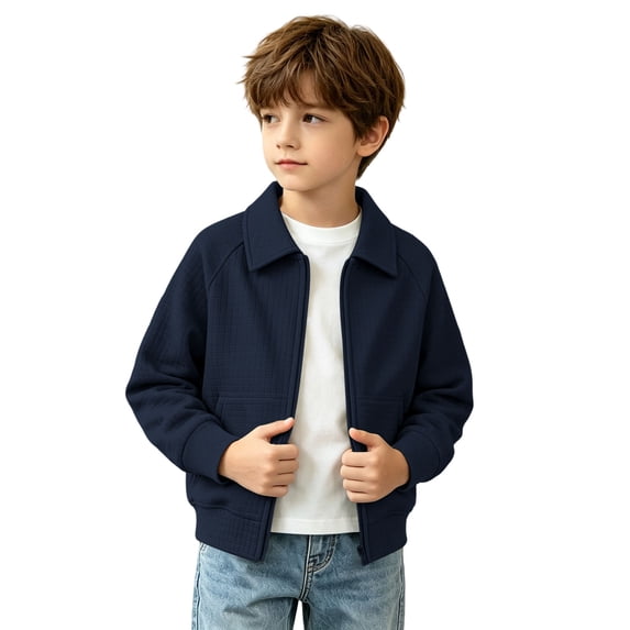 SERTGUTR Boys Waffle Knit Jacket Turn Down Collar Full Zipper Long Sleeve Pocket Design Solid Color Casual Top Everyday School Fall Winter Coat