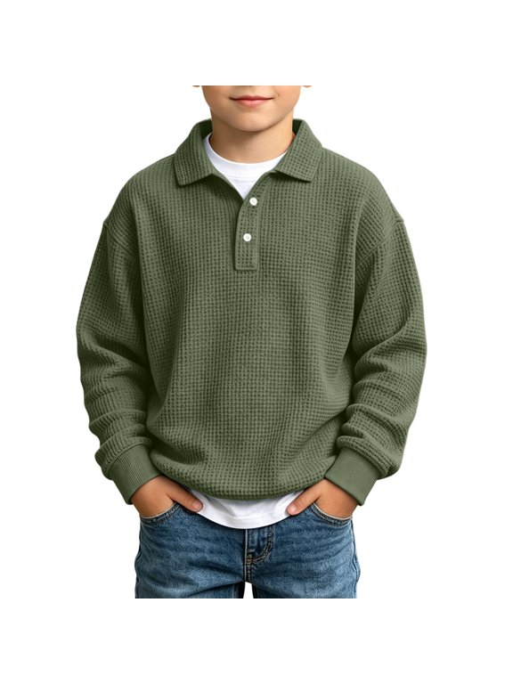 Boys' Waffle Knit Pullover Button Lapel Collar Drop Shoulder Long Sleeve Ribbed Cuffs Hem Relaxed Fit Warm Top School Everyday Wear Outerwear