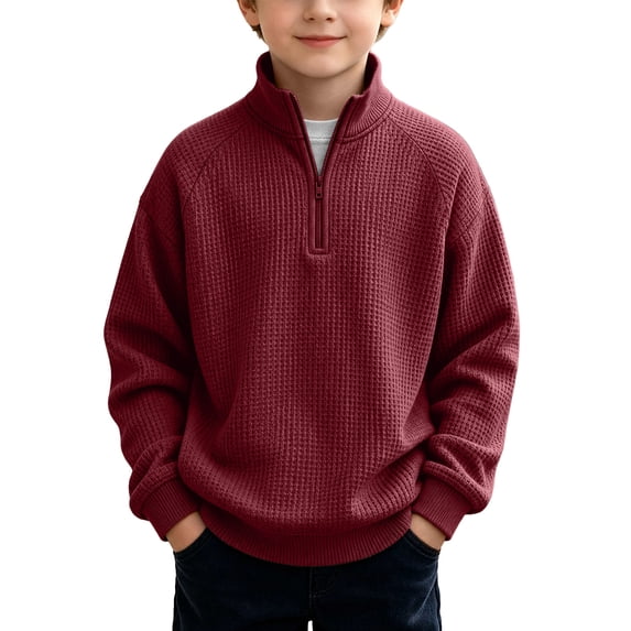 SERTGUTR Boys Waffle Knit Pullover Half Zip Stand Collar Long Sleeve Ribbed Cuffs Solid Color Casual Top Everyday School Fall Winter Pullover
