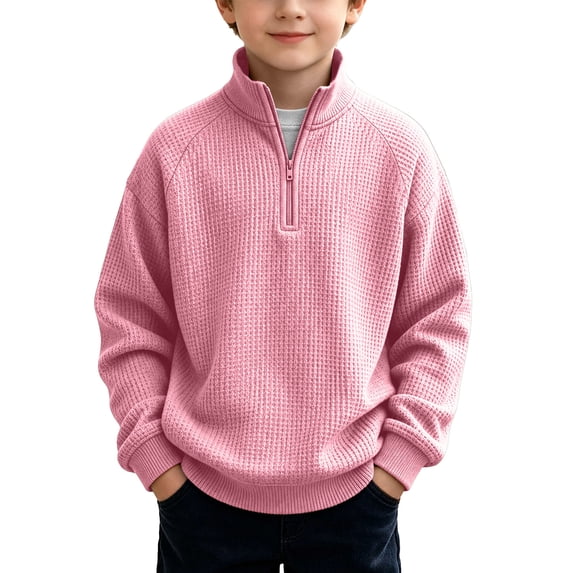 SERTGUTR Boys Waffle Knit Pullover Half Zip Stand Collar Long Sleeve Ribbed Cuffs Solid Color Casual Top Everyday School Fall Winter Pullover