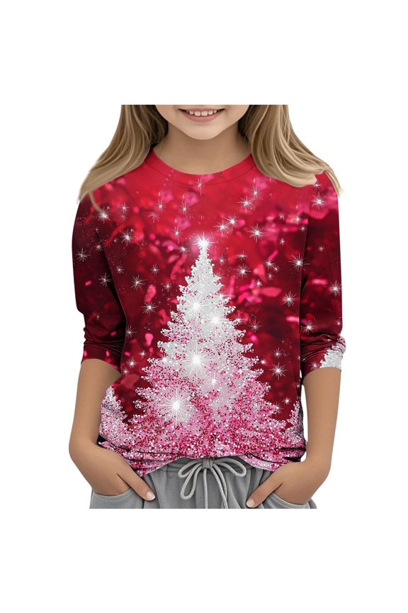 Children Christmas Gifts 3/4 Long Sleeve Loose Casual Fall Winter Cute Print Warm Outerwear Tops for Kids 3-12 Years(Pink,3-4 Years)