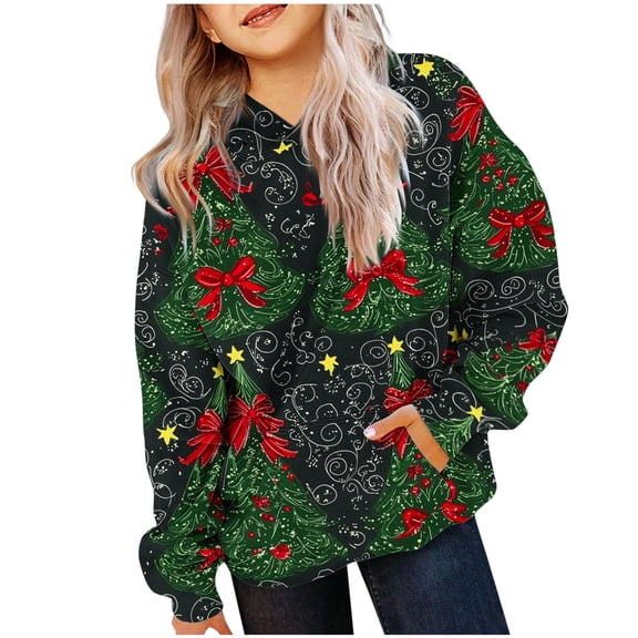 SERTG Children Christmas Gifts Hooded Sweatshirt Long Sleeve Loose Casual Fall Winter Fleece Lined Outerwear Tops for Kids 2-14 Years(Green,9-10 Years)